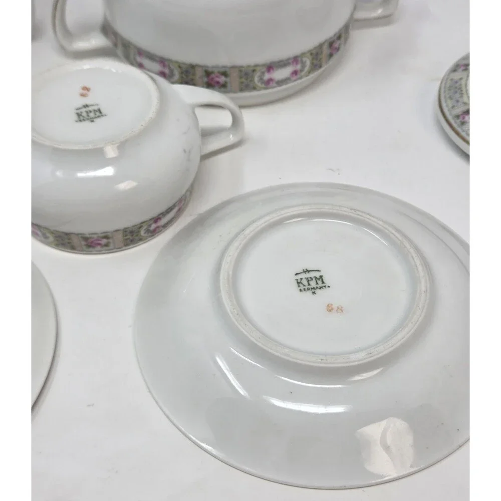 KPM Germany Antique‎ Porcelain Tea Set Creamer Sugar 2 Cups Saucers Rose 1900s